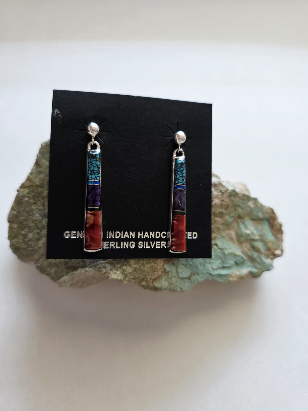 Sterling Silver Multistone Inlay Drop Earrings - Turquoise, Purple, Red